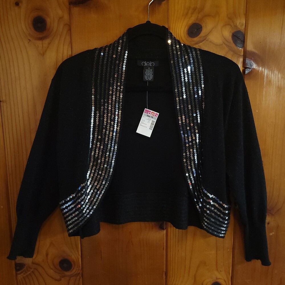 Vintage deadstock deb Black 1X Blouse Cotton Rayon Metallic Sequins Open Front